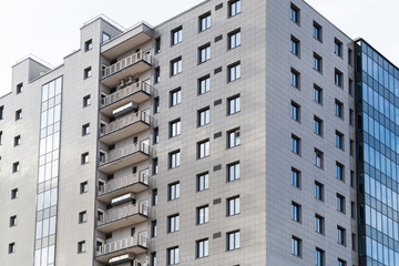 High apartment building in Belarus. Minsk. Residential architect. there is air conditioning on the balcony.