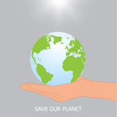 Hand holding earth with sunlight, environmental concept vector illustration