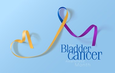 Fototapeta na wymiar Bladder Cancer Awareness Calligraphy Poster Design. Realistic Marigold And Blue And Purple Ribbon. May is Cancer Awareness Month. Vector