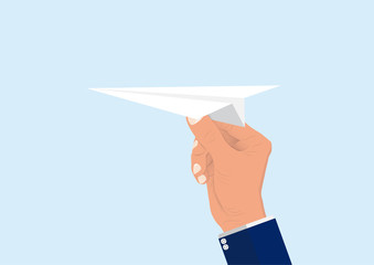 Businessman' hand holding throwing paper plane to target, business concept vector illustration