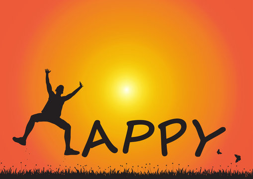 Silhouette of man jumping over meadow on golden sunrise background, happy lifestyle concept