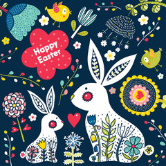 Cute decorative bunnies and flowers. Postcard for Easter.