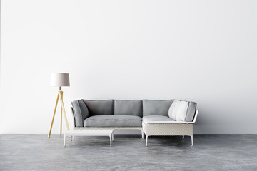 Home Living Room Interior Mockup on empty white wall background. 3D rendering.