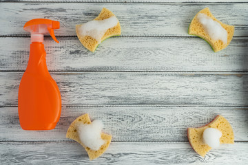 cleaning and detergents products, sponges with foam on top. Cleaning or Household concept.