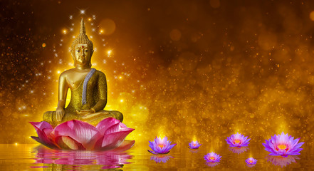 Boeddhabeeld water lotus Boeddha staande op lotusbloem op oranje achtergrond