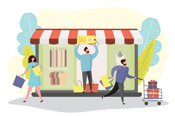 e-commerce application and shopping people with bags and gift,sale and discount concept