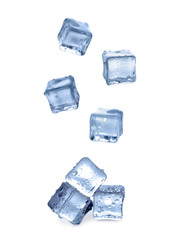 Obraz premium Set of flying crystal clear ice cubes on white background