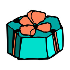 Blue gift box with a bow. doodle hand draw. Vector illustration on isolated background.