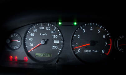 Tachometer, vehicle speedometer and fuel gauge. Analog vehicle board