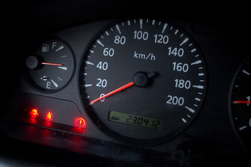Vehicle speedometer and fuel gauge. Analog vehicle board