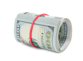 Roll of dollar bills with rubber band on white background