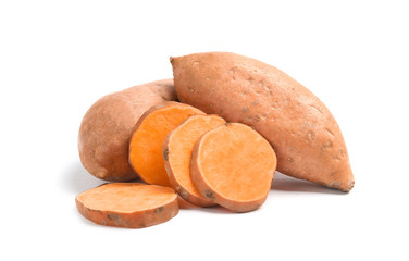 Fresh ripe sweet potatoes on white background