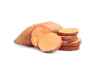 Fresh ripe sweet potatoes on white background