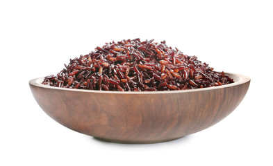Bowl of cooked brown rice isolated on white