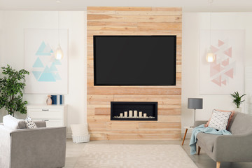 Living room interior with modern TV on wooden wall