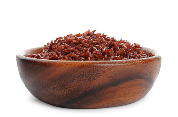 Bowl of cooked brown rice isolated on white