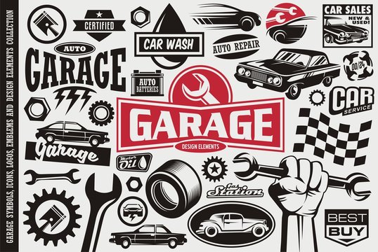 Car service and garage symbols, logos, emblems and icons collection. Auto transportation cars icons set. Car sales, repair, race, road, auto parts design elements.