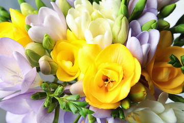 Beautiful bouquet of fresh freesia flowers as background, closeup - obrazy, fototapety, plakaty
