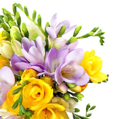 Fototapeta premium Bouquet of fresh freesia flowers isolated on white, top view
