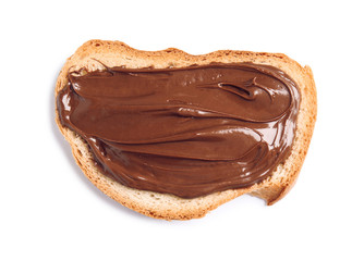 Bread with tasty chocolate cream isolated on white, top view