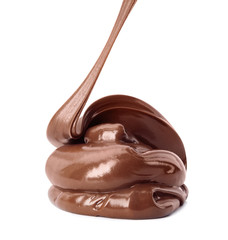 Pouring sweet chocolate cream on white background
