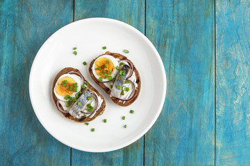 sandwich with herring boiling egg  chopped green onions in white plate on wooden background top view