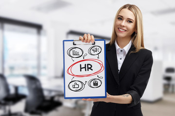 Business, technology, internet and networking concept. Young entrepreneur showing keyword: HR