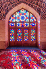 Fototapeta na wymiar Awesome view inside the Nasir al-Mulk Mosque in Shiraz, Iran