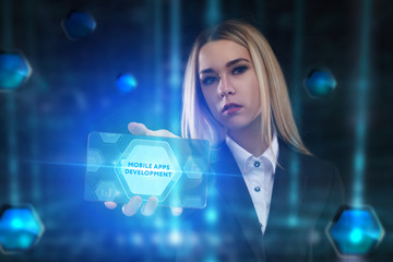 The concept of business, technology, the Internet and the network. A young entrepreneur working on a virtual screen of the future and sees the inscription: Mobile apps development