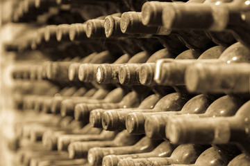 old wine bottles covered with dust and cobwebs are in the wine cellar