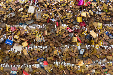 Paris love lock bridge. Rusty locks on the bridge.