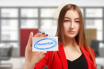 Business, technology, internet and networking concept. Young entrepreneur showing keyword: Franchise