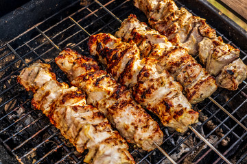 Traditional shashlik cooking on a grill isolated