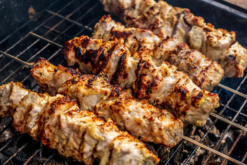 Traditional shashlik cooking on a grill isolated