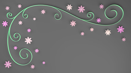 cute flowers cut out of paper in shades of pastel pink along a stylized curves stalk on a grey background