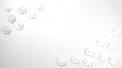cute paper flowers in bright shades of grey in two corners of a light background