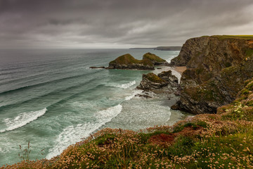 Exciting and rough rocky coast near Newquay in Cornwall, UK