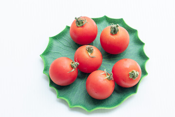 Close up tomatoes in green leaf on isolate white background.Selective focus red tomatoes.