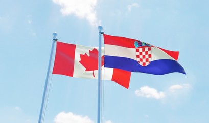 Croatia and Canada, two flags waving against blue sky. 3d image
