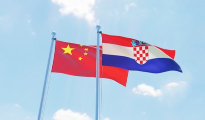 Croatia and China, two flags waving against blue sky. 3d image