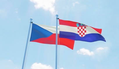 Croatia and Czech Republic, two flags waving against blue sky. 3d image