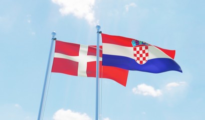 Croatia and Denmark, two flags waving against blue sky. 3d image