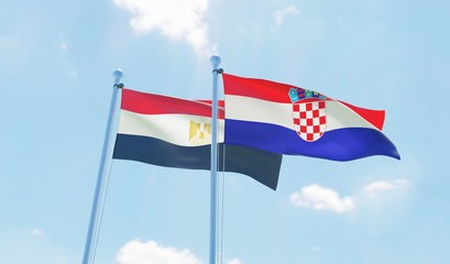 Croatia and Egypt, two flags waving against blue sky. 3d image