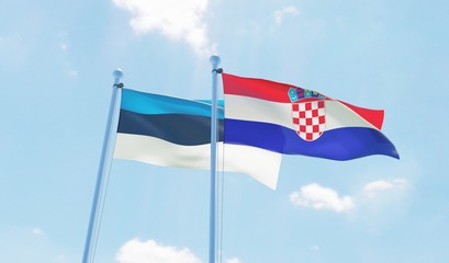 Croatia and Estonia, two flags waving against blue sky. 3d image
