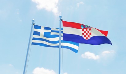Croatia and Greece, two flags waving against blue sky. 3d image