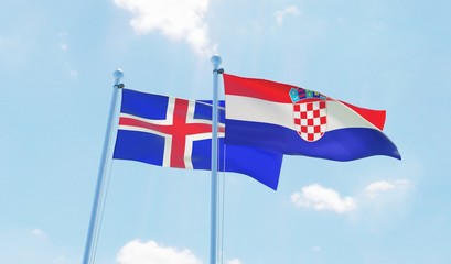 Croatia and Iceland, two flags waving against blue sky. 3d image