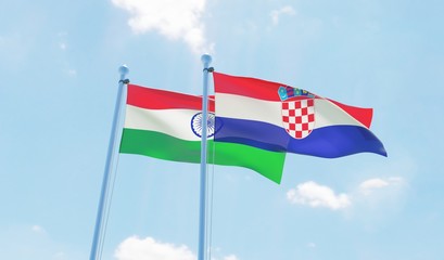 Croatia and India, two flags waving against blue sky. 3d image