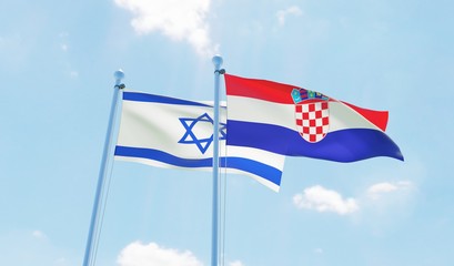 Croatia and Israel, two flags waving against blue sky. 3d image