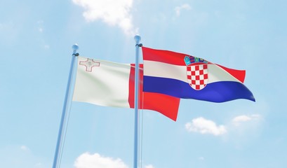 Croatia and Malta, two flags waving against blue sky. 3d image