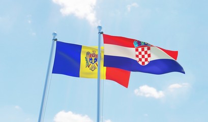 Croatia and Moldova, two flags waving against blue sky. 3d image